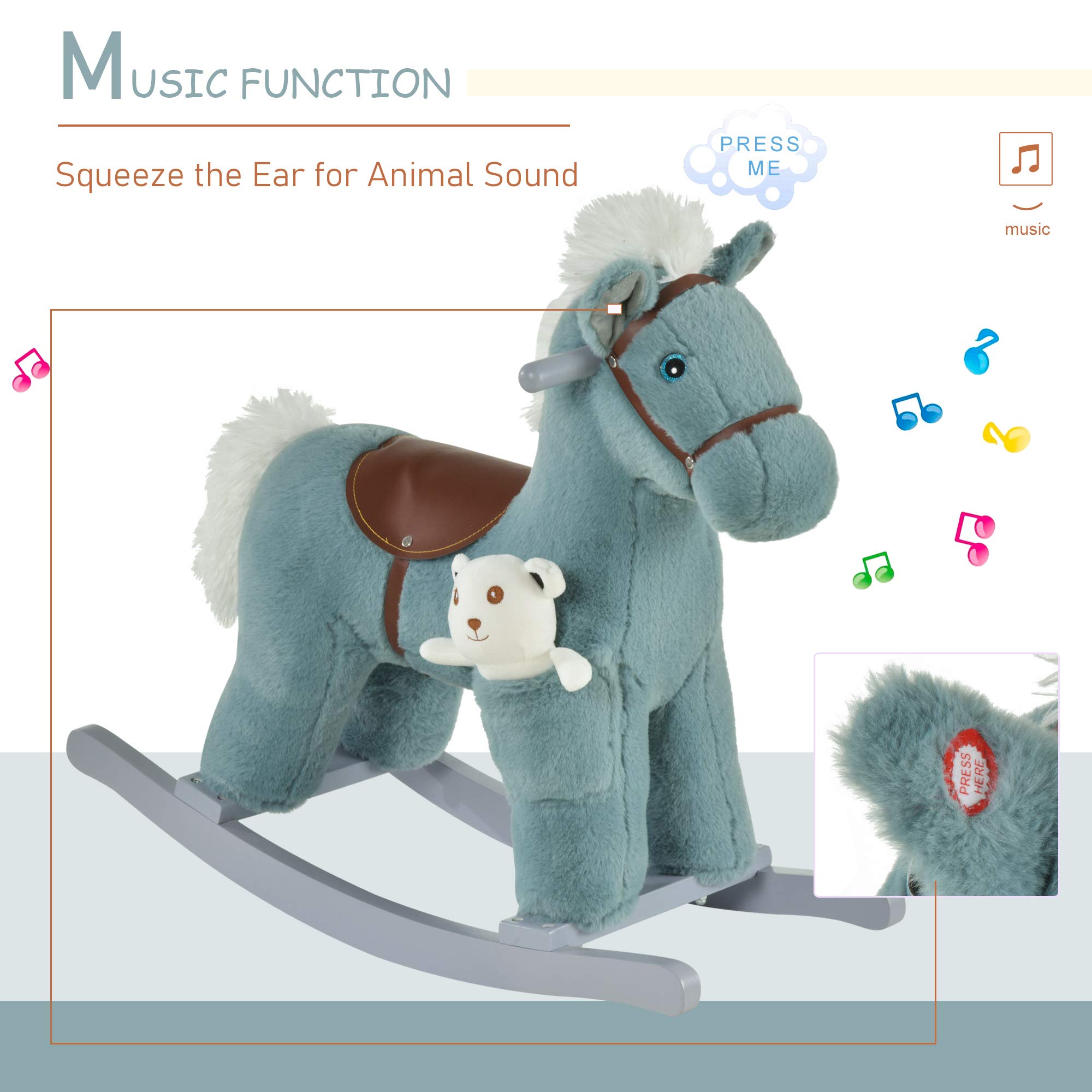 Qaba Kids Plush Ride-On Rocking Horse with Bear Toy - Soft Plush Children's Chair with Realistic Sounds, Blue | Fun Toddler Rocking Toy for Playroom & Nursery Decor