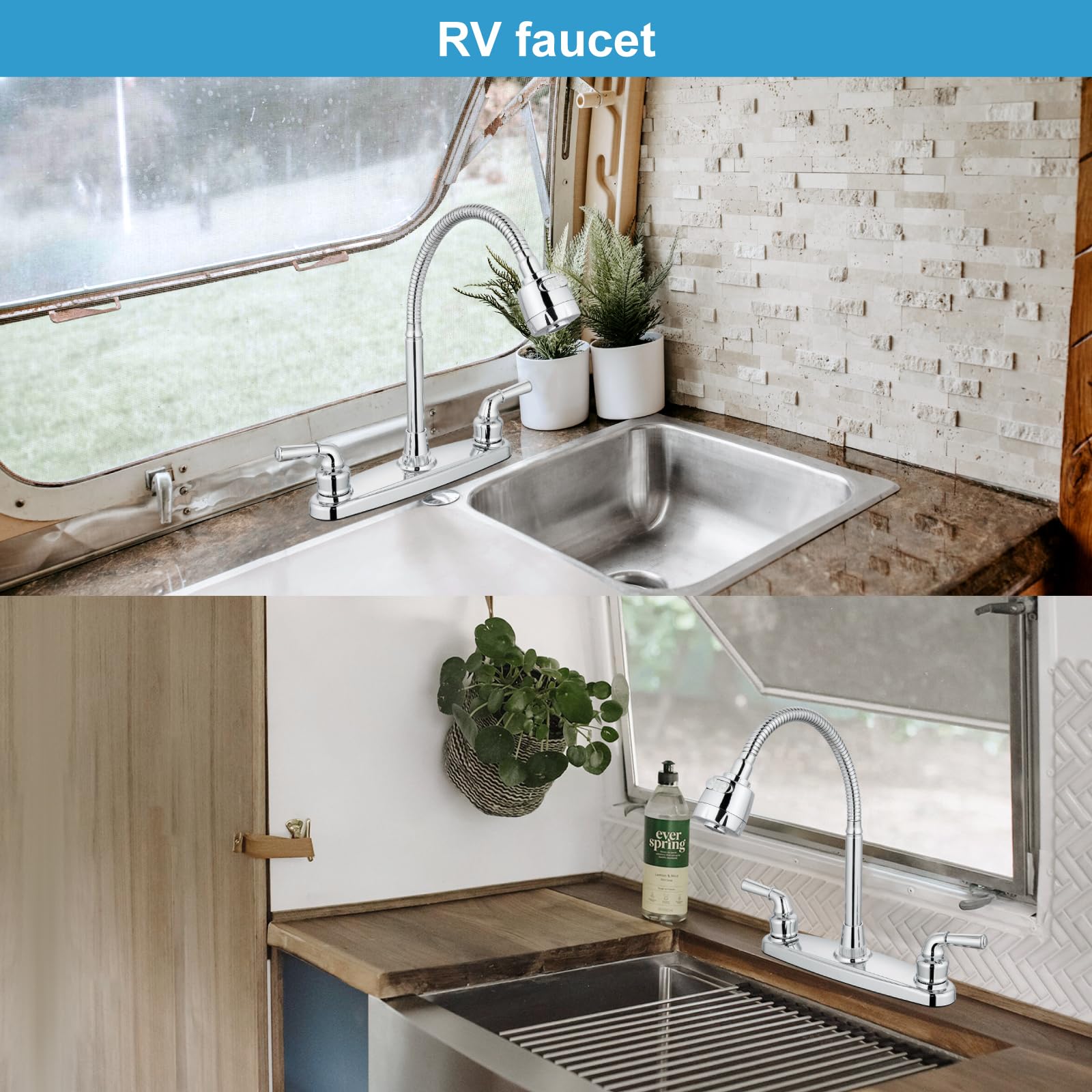 360° Swivel RV Kitchen Faucet - 8 Inch Deck Mount Camper Sink Faucet with Flexible Spout, Polished Chrome Water Mixer Tap for Motorhome, Travel Trailer & Tiny House (Perfect for Outdoor Cooking & Compact Spaces)