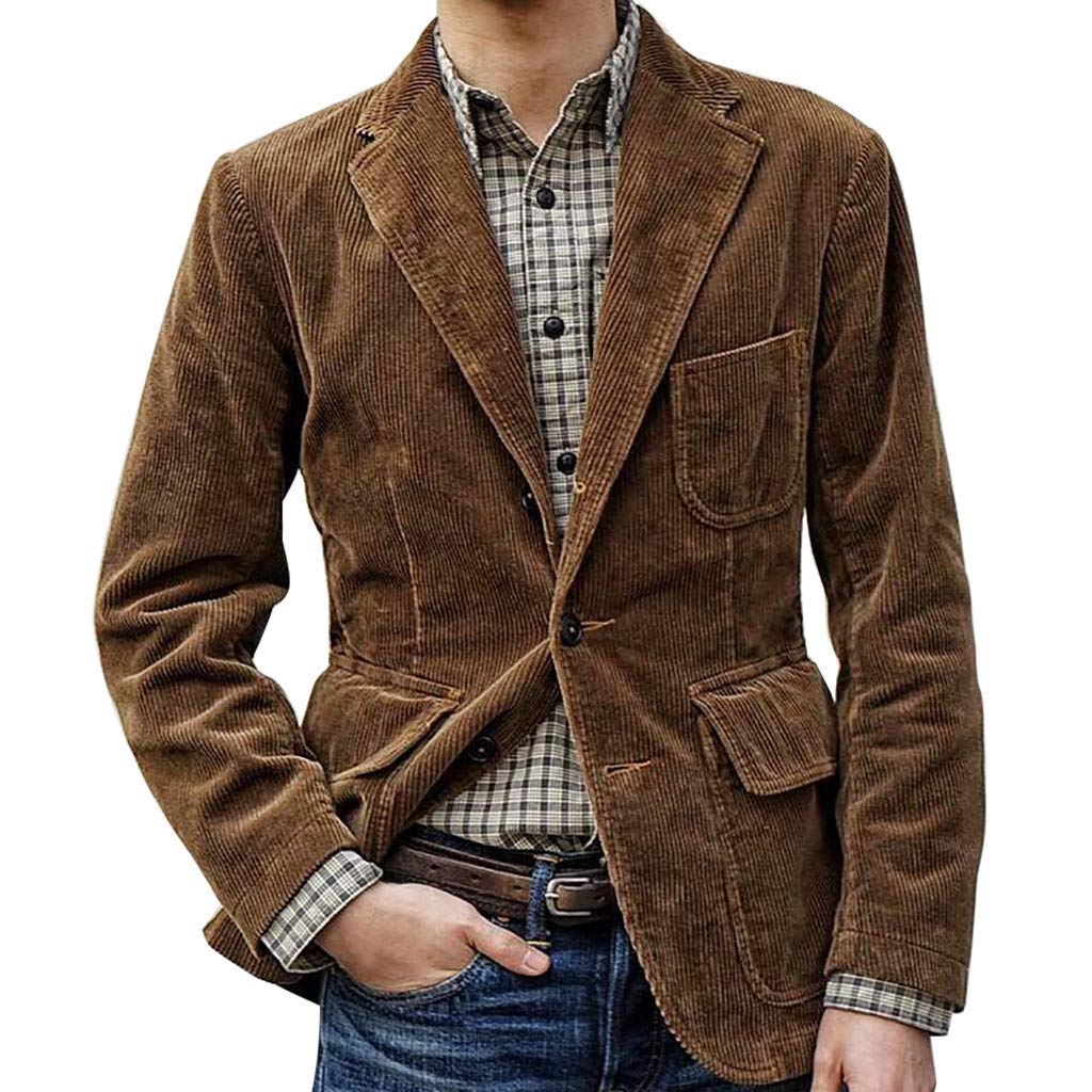 Men's Blue Wool Blazer - England Corduroy Single Breasted Jacket for Casual Wear