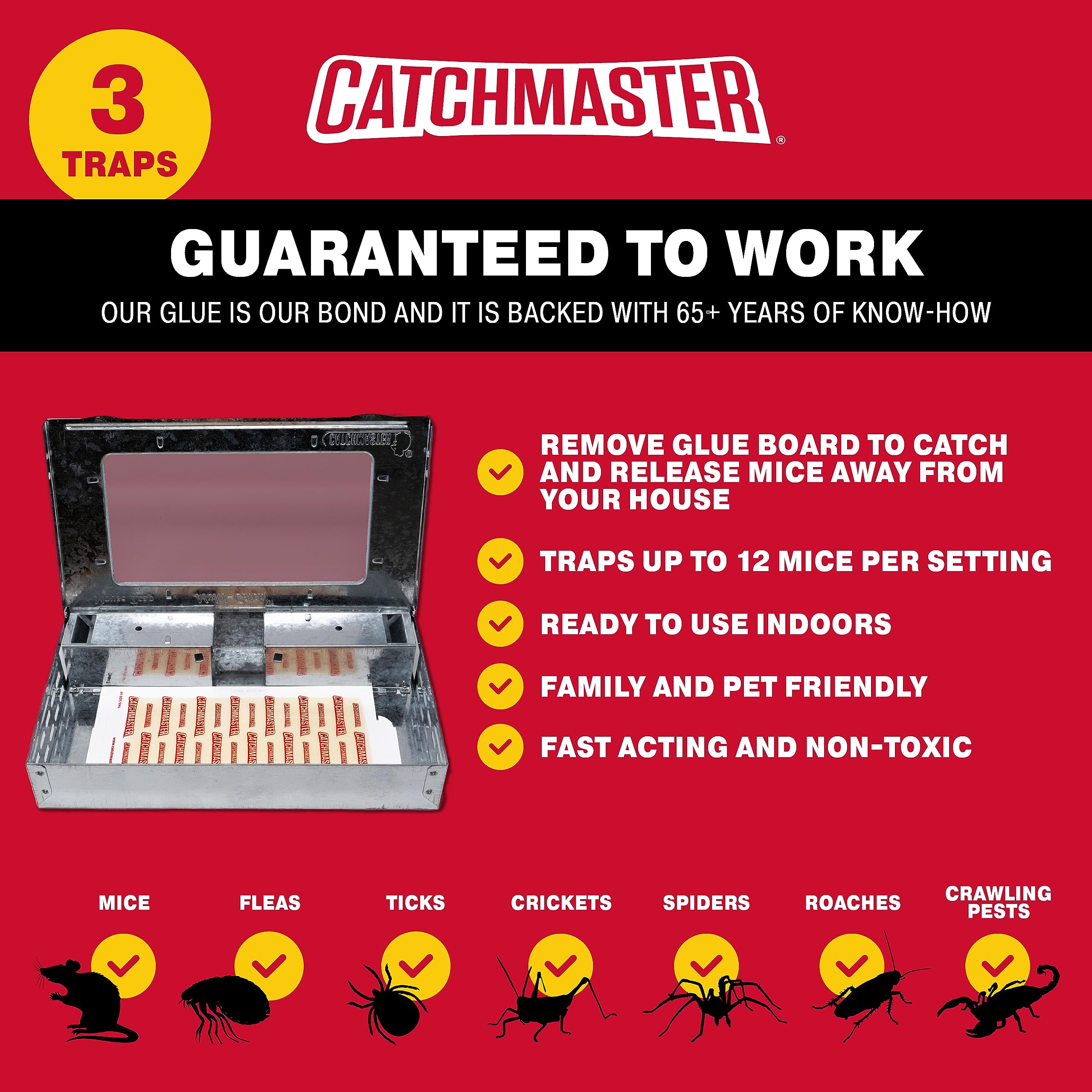 **Catchmaster Pro Series Multi-Catch Mouse Trap 3-Pack – Humane Indoor & Outdoor Mouse & Rat Traps with Replaceable Glue Boards – Pet Safe Pest Control for Home, Garage, Shed & Basement – Live Catch & No-Kill Solution for Rodent Problems**    *(Use Cases: Ideal for homes, garages, sheds, basements, and outdoor areas to safely catch mice and rats without harming pets or children.)*