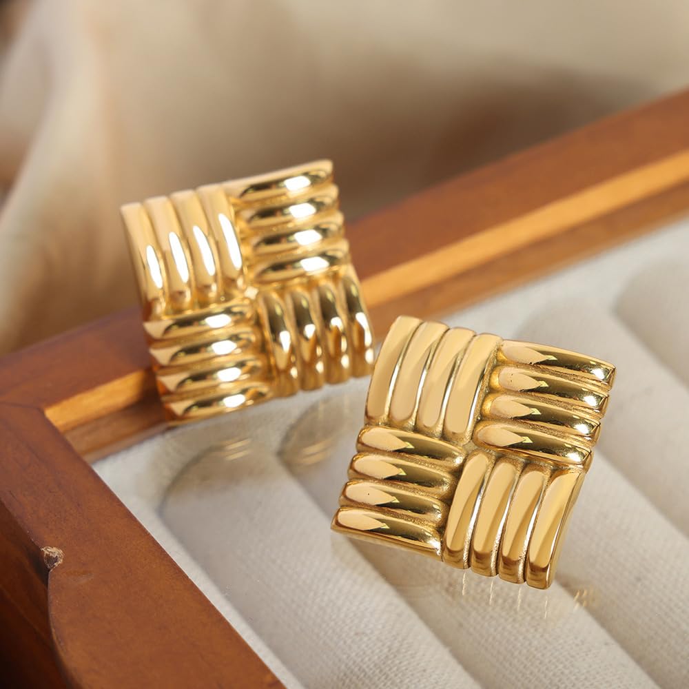 Trendy Chunky Large Square Stud Earrings for Women - Lightweight Hypoallergenic Geometric Statement Jewelry | Rectangle Textured Earrings for Prom, Party & Gift Giving | Fashion Accessories for Everyday Wear