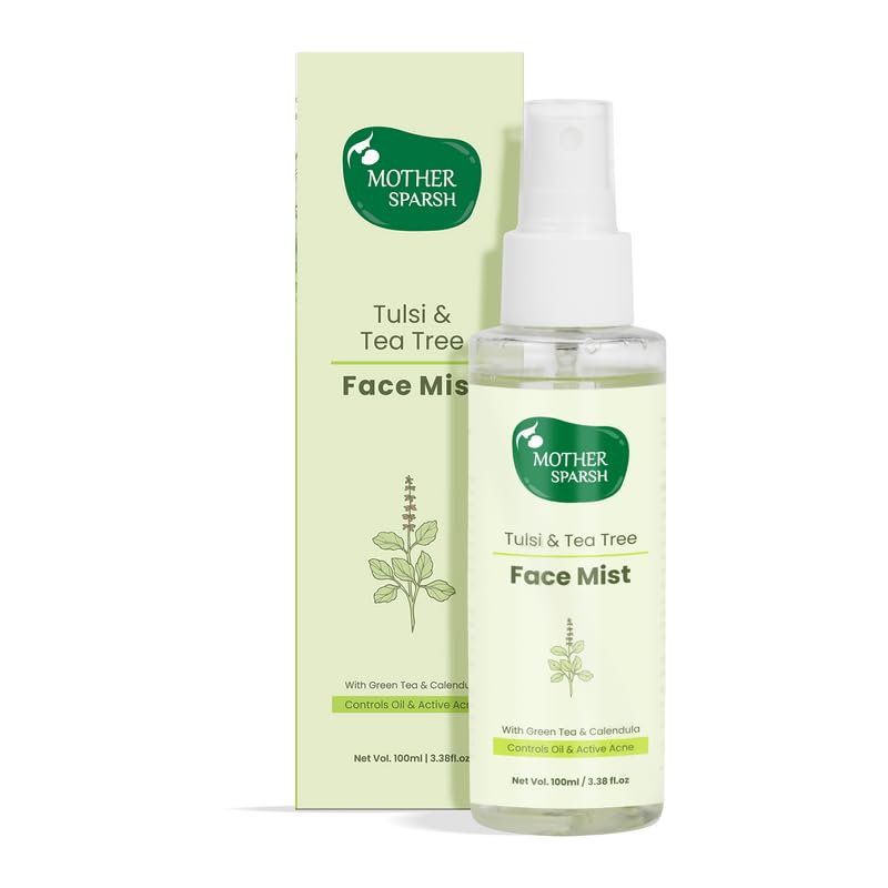 Mother Sparsh Tulsi & Tea Tree Face Mist | Alcohol-Free Toner with Green Tea & Calendula for Sensitive Skin | Pore Minimizer & Skin Soother | Lightweight Non-Sticky Formula | 100ml | Perfect for Daily Skincare, Post-Workout Refresh & Travel Essentials