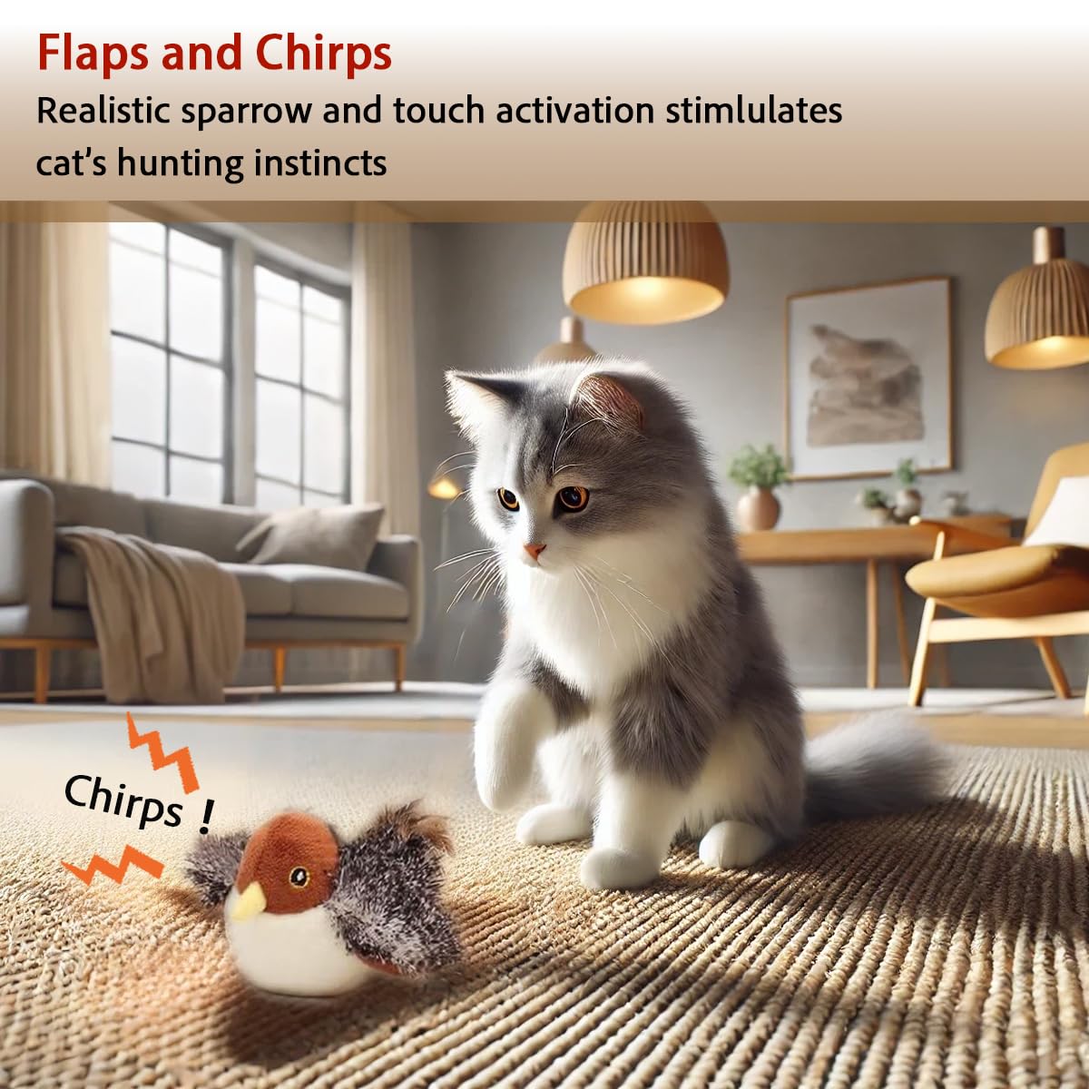 Realistic Rechargeable Interactive Cat Toy - Flappy Bird with Touch Activation & Chirping Sounds for Kittens - Exercise & Play with Moving Sparrow & Catnip - Perfect for Indoor Cats & Playtime Fun