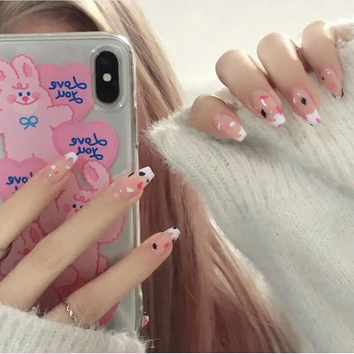 24Pcs Cow Print Press on Nails for Women - Acrylic Full Cover False Nails with Glue - Perfect for Parties, Weddings & Everyday Wear