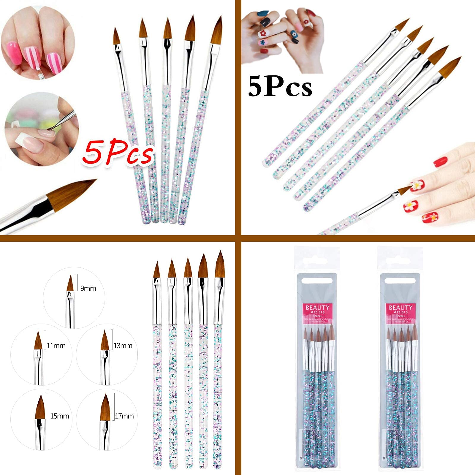 Professional 5-Piece Nail Art Brush Set - Crystal Handle Acrylic UV Gel Liner, Stripe & Flower Painting Carving Drawing Pens for Salon & DIY Manicure - Perfect for Nail Design, Ombre, French Tips & 3D Art