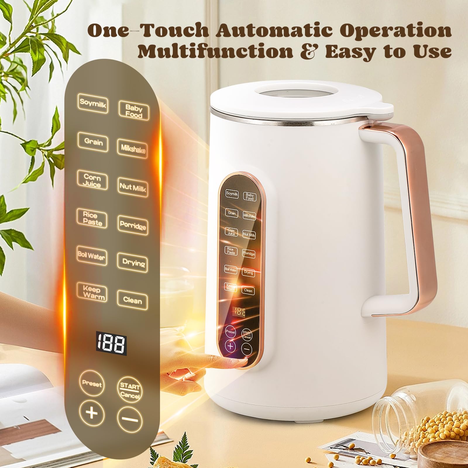 Moongiantgo 40oz Automatic Soy Milk Maker Machine - 8-in-1 Nut Milk Maker for Almond, Oat & Plant-Based Dairy-Free Beverages with 10 Blades, 12H Delay Start, Keep Warm & Auto Clean (White) - Perfect for Vegan Breakfast, Healthy Smoothies & Homemade Nut Milks