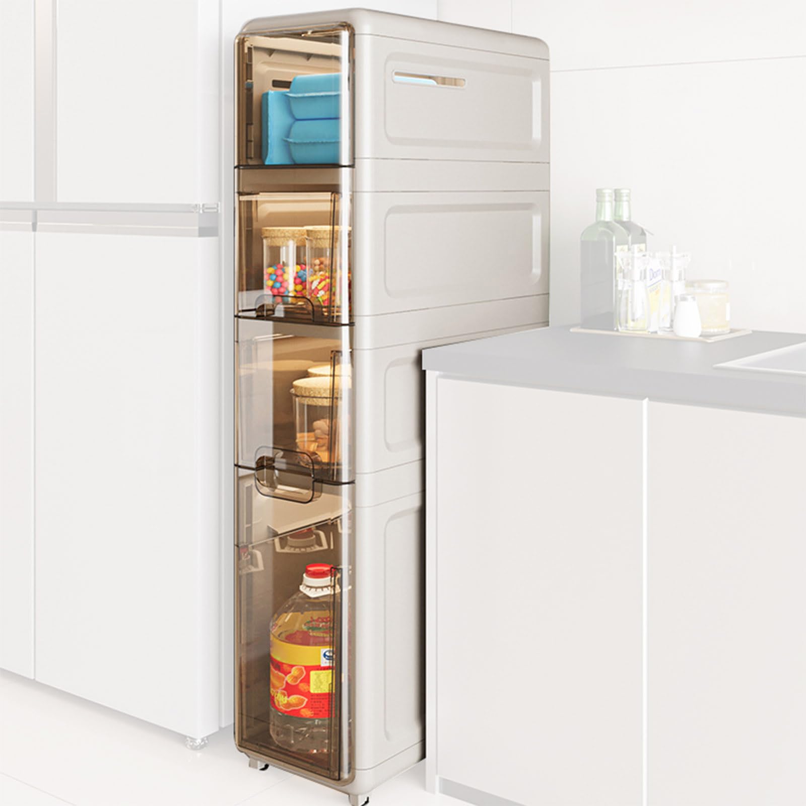 4-Tier Slim Bathroom Storage Cabinet with Clear Drawers - Freestanding Narrow Organizer for Small Spaces, Kitchen, Laundry - Toilet Paper Holder & Shelving Unit (Pre-Assembled) | Perfect for Tight Corners, Apartment Living & Clutter-Free Organization