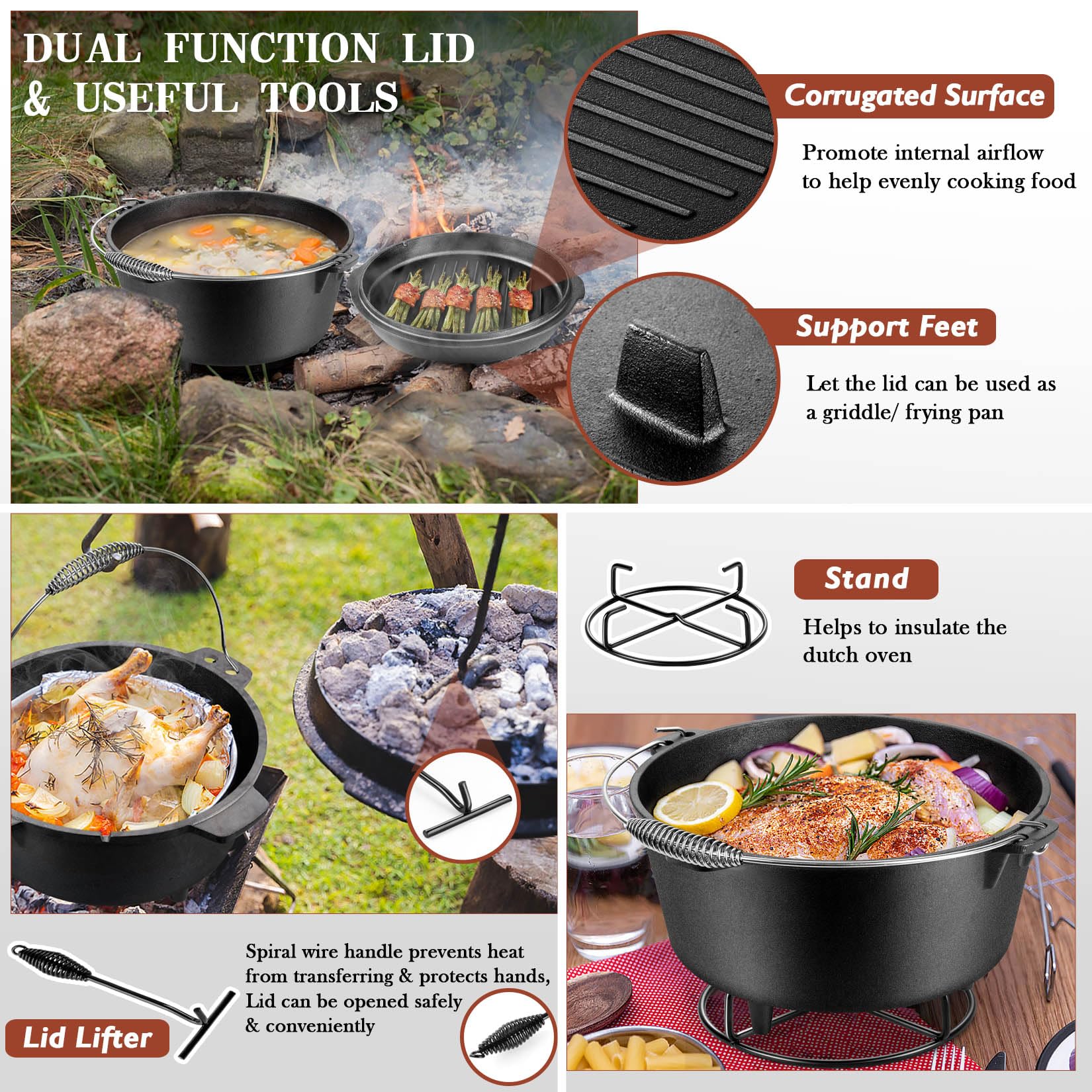 Joyfair Pre-Seasoned Cast Iron Dutch Oven Set with Griddle Skillet Lid - 7.6QT Camping Pot & 2QT Lid - Includes Lid Lifter, Iron Stand & Cleaner - Perfect for Stewing, Baking Sourdough Bread & Outdoor Cooking - Ideal for Camping, Backpacking & Home Kitchen Use