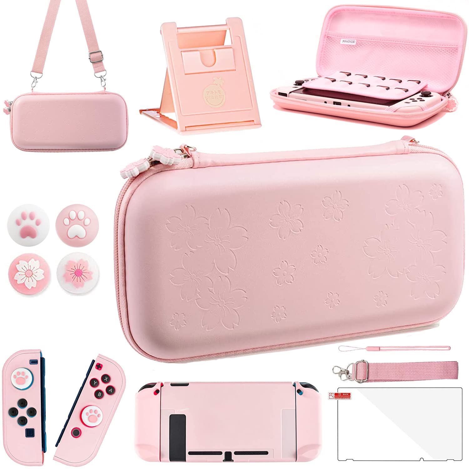 Pink Travel Carrying Case Accessories Kit for Nintendo Switch - 10-in-1 Essential Protection Set with Hard Cover, Tempered Glass Screen Protector, Adjustable Stand & Thumb Grip Caps | Perfect for Gaming On-The-Go, Travel & Daily Protection