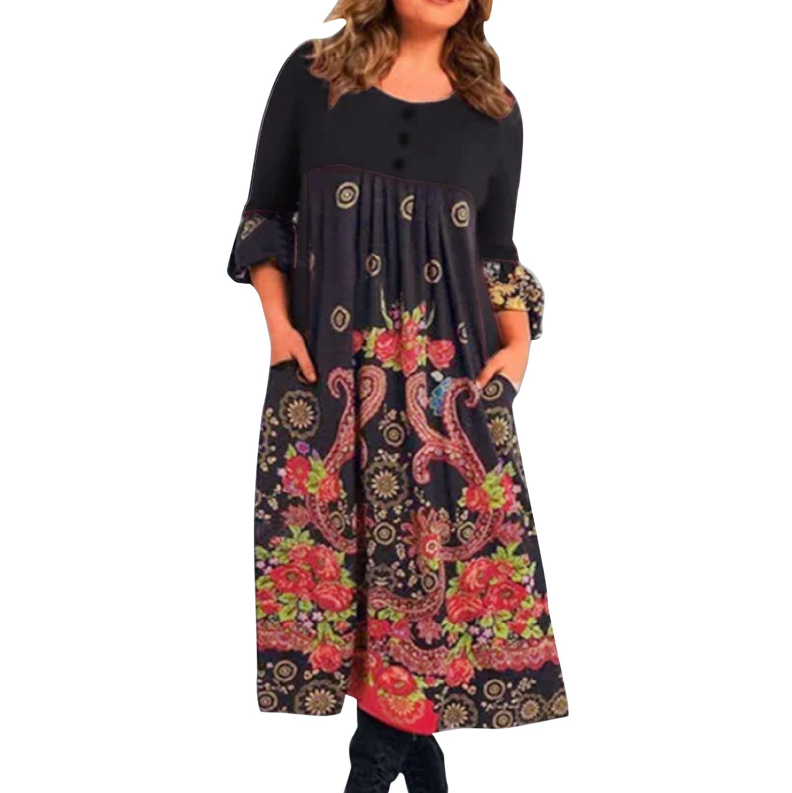 FMCHICO Women's Long Sleeve Maxi Dress - Loose Fit Casual Plain Long Dress with Pockets | Perfect for Everyday Wear, Beach Cover Up & Vacation Outfits
