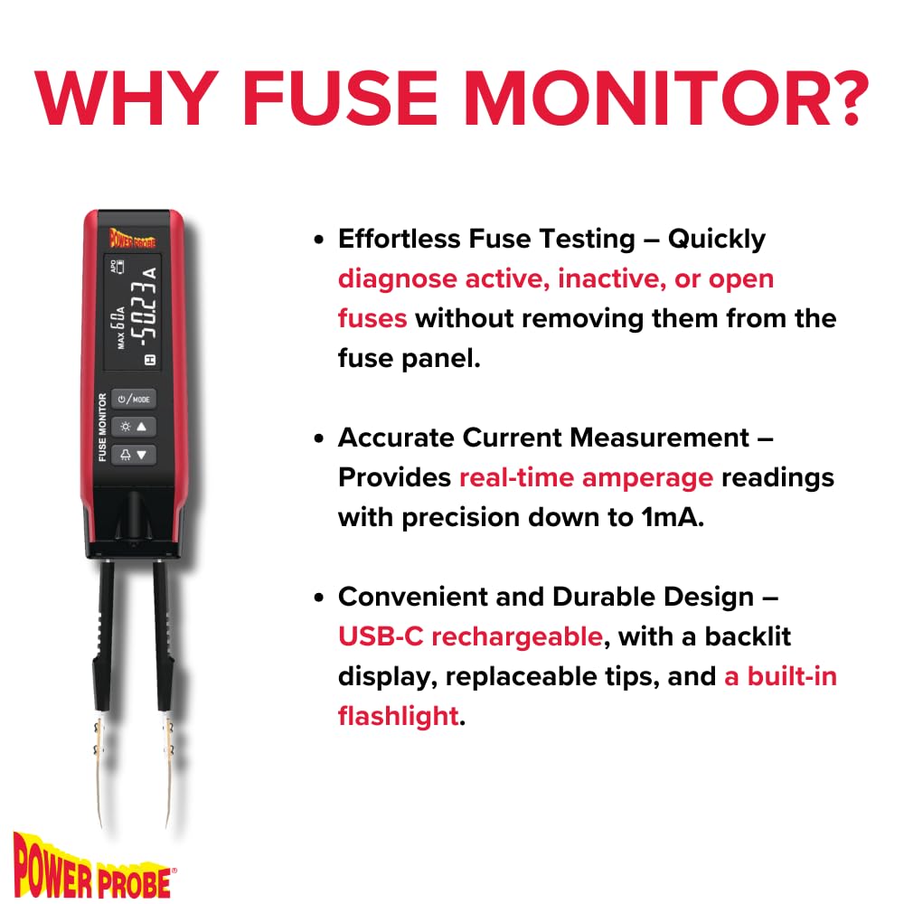 Power Probe PPFUSE Fuse Monitor - Circuit Tester for Mini, Maxi & ATC Fuses with Live Current Readings Up to 80A - Replaceable Tips & Built-in Flashlight for Automotive Electrical Diagnostics & Emergency Repairs
