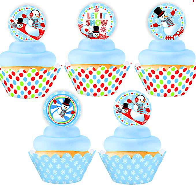 Snowman Birthday Cupcake Toppers & Wrappers Set - 24 Toppers + 24 Wrappers for Winter Party Decorations - Perfect for Christmas, Holiday & Birthday Celebrations - Great for Cupcakes, Desserts & Party Favors
