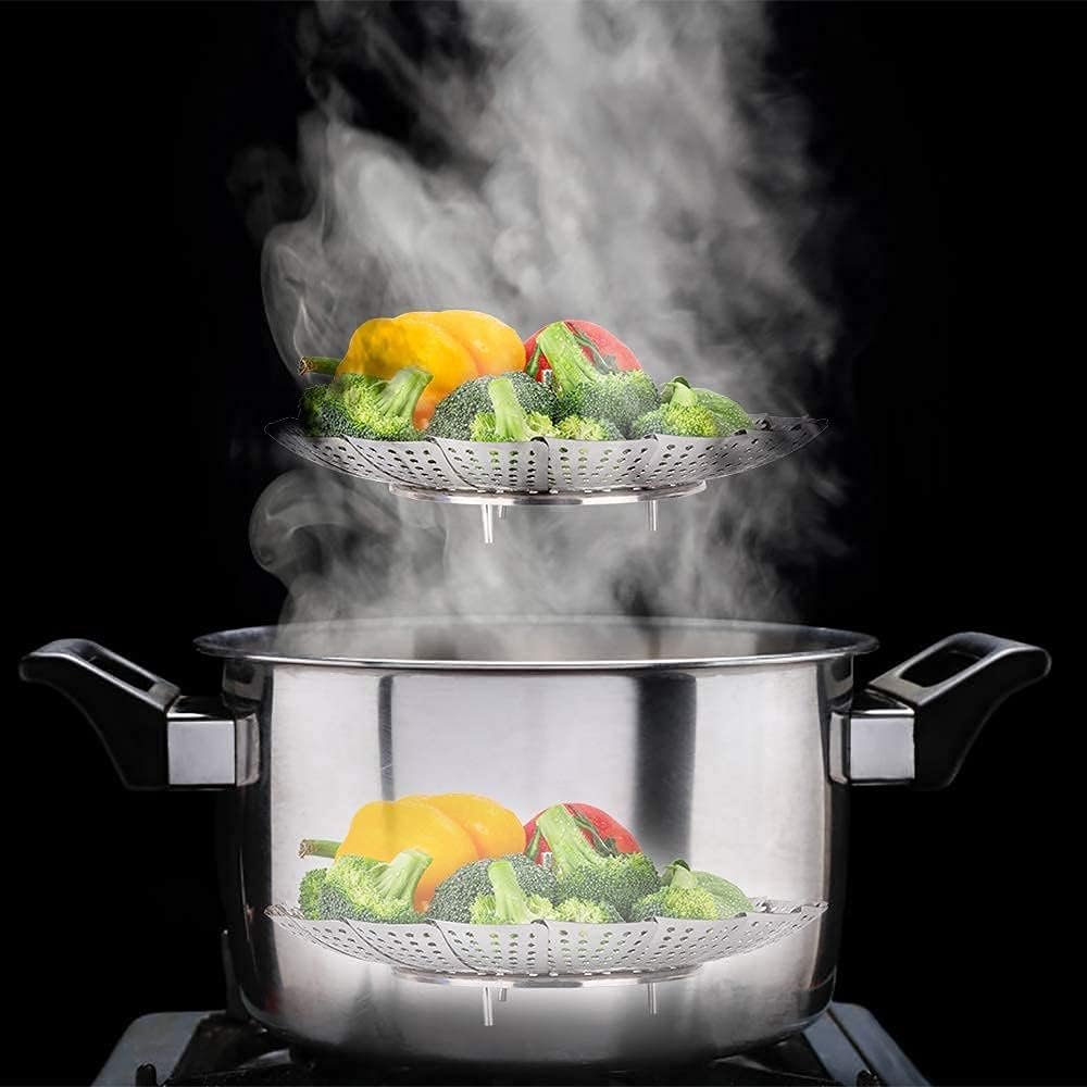 Stainless Steel Veggie Steamer Basket - Expandable & Collapsible Metal Steamer Insert for Cooking Vegetables, Dumplings & More - Fits Various Pot Sizes - Perfect for Healthy Meal Prep & Kitchen Cooking