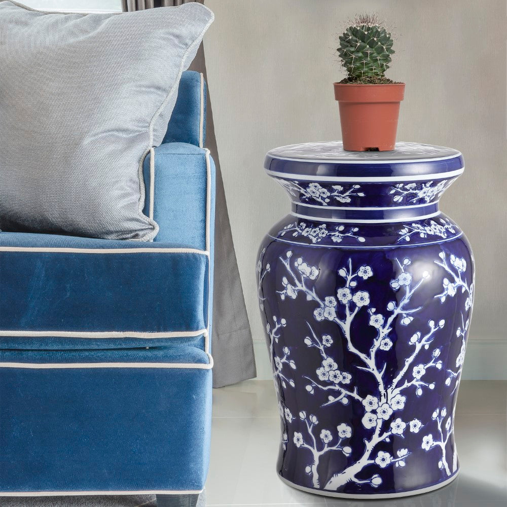 Cherry Blossom 17.75 Inch Ceramic Garden Stool - Japanese Style Outdoor Decor for Patio, Yard & Home - Perfect for Seating, Side Table & Decorative Accent