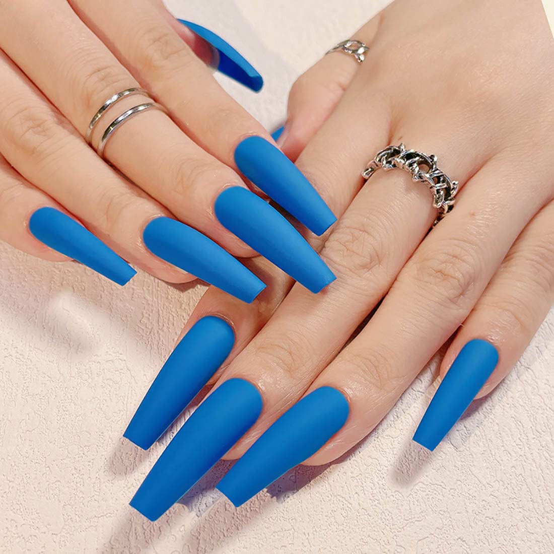 24pcs Coffin French Ballerina Press on Nails - Long Glossy Frosted Acrylic Fake Nails with Full Cover Design for Women & Girls | Perfect for Parties, Weddings, and Special Occasions (Blue)