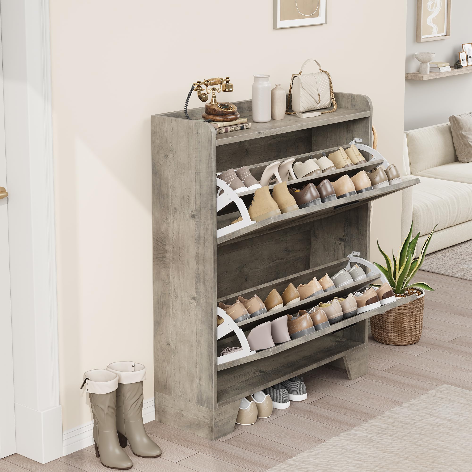 Freestanding Narrow Shoe Cabinet with 2 Flip Drawers & Hooks - Space Saving Entryway Shoe Storage Organizer for Foyer, Hallway, Garage - Perfect for Small Spaces & Apartment Living (Gray)