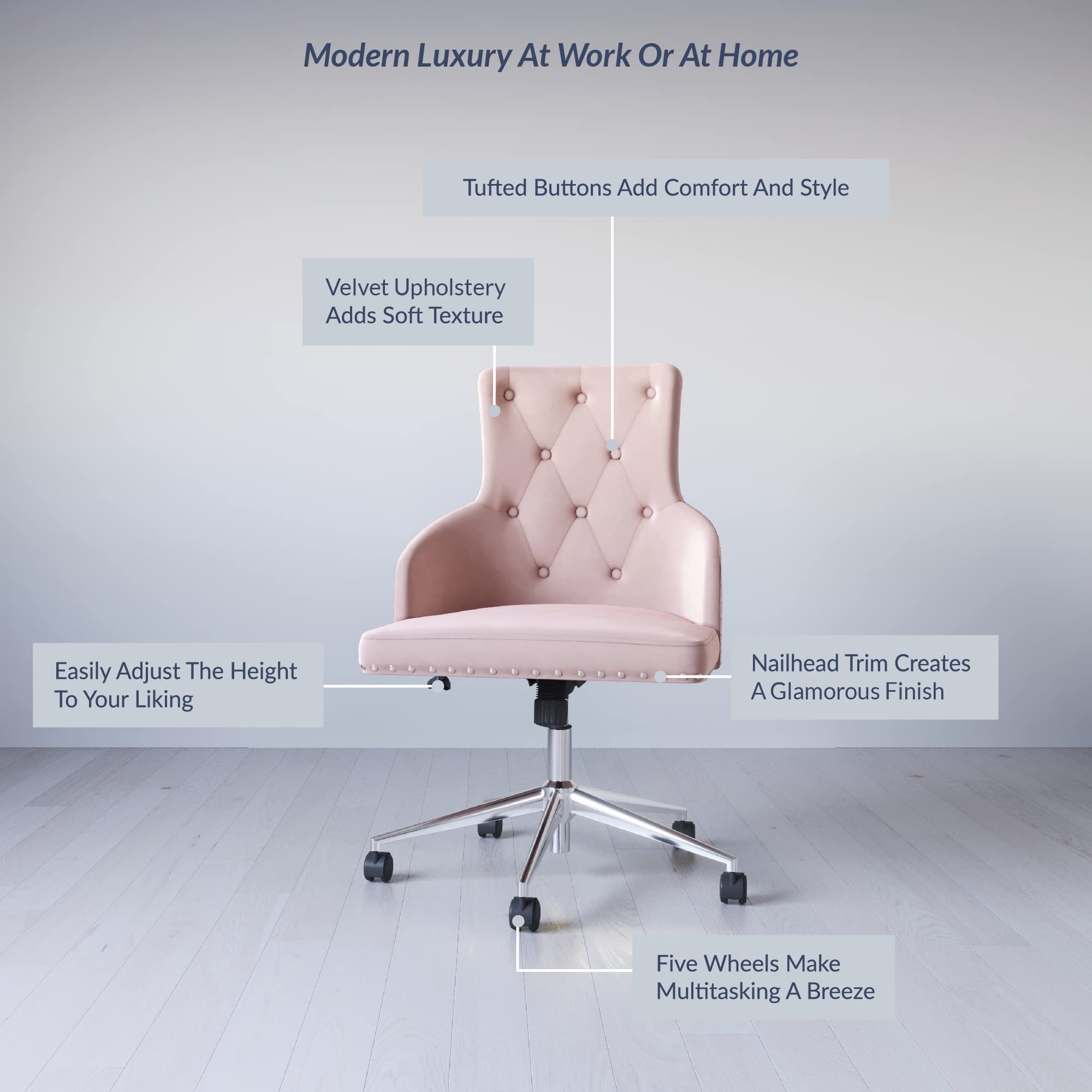 BELLEZE Modern Velvet Desk Chair with Adjustable Height - Pink Tufted Upholstered Swivel Office Chair with Wheels for Home Office, Bedroom Vanity or Study Room | Ergonomic Computer Chair for Work, Gaming & Makeup Station