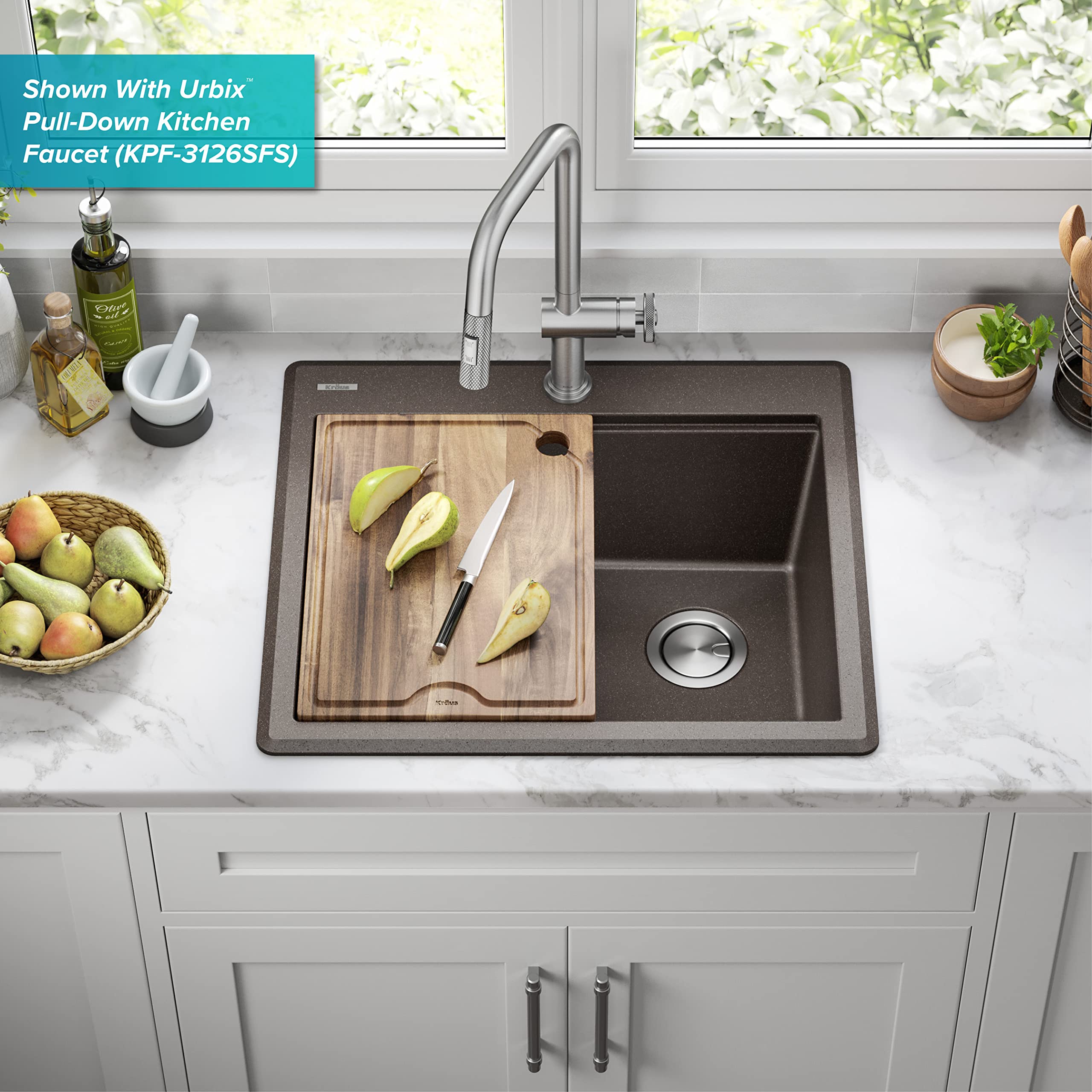 KRAUS Bellucci 25-inch Granite Composite Drop-In Kitchen Sink with Accessories - Metallic Brown Single Bowl Workstation (KGTW12-25MBR) | Perfect for Modern Kitchens, Food Prep & Dishwashing