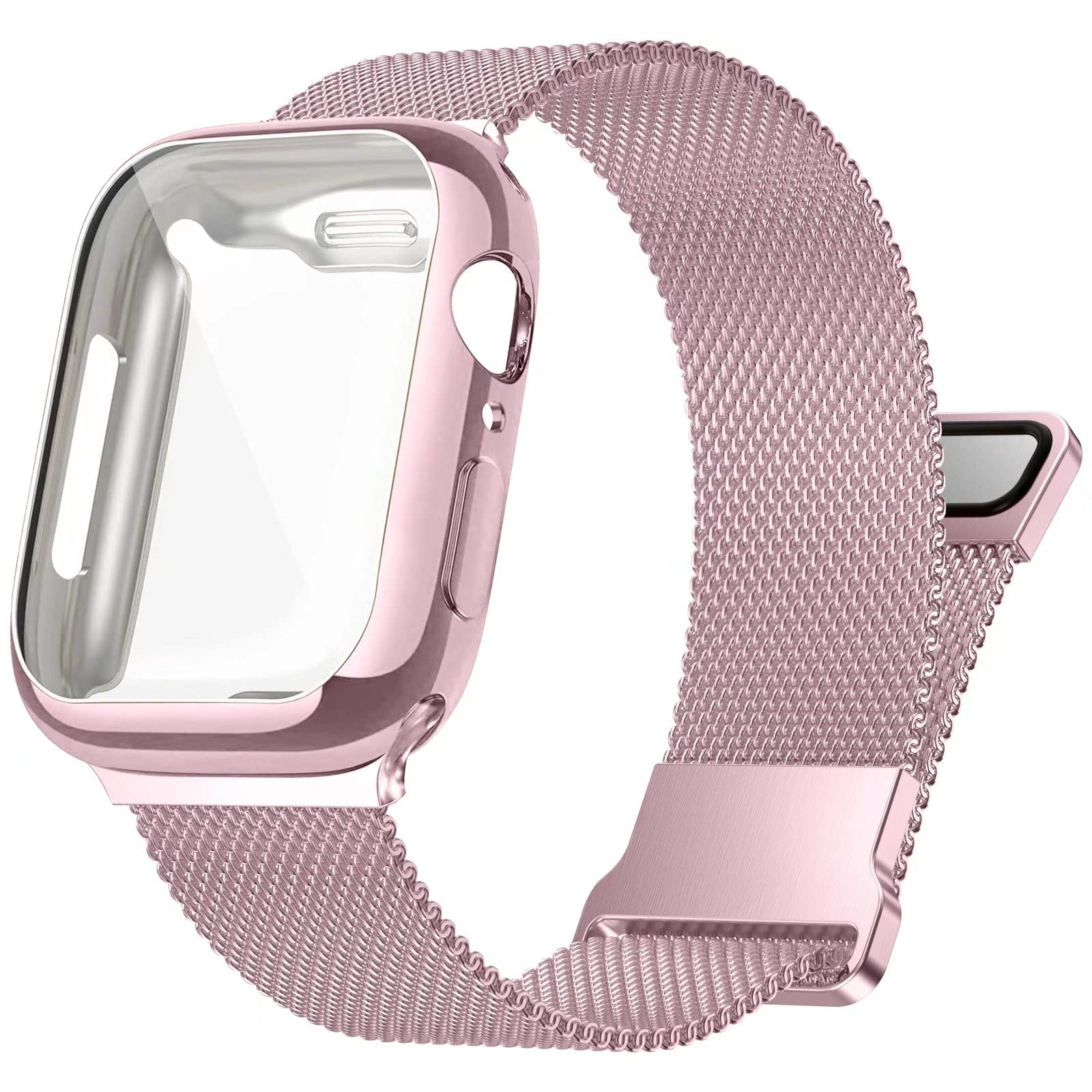 Premium Stainless Steel Apple Watch Band 38/40/41/42/44/45mm - Magnetic Strap with Screen Protector Case for iWatch Series 9/8/7/6/5/4/SE/3/2/1 - Durable Metal Watch Band for Women & Men - Perfect for Workouts, Office & Everyday Wear