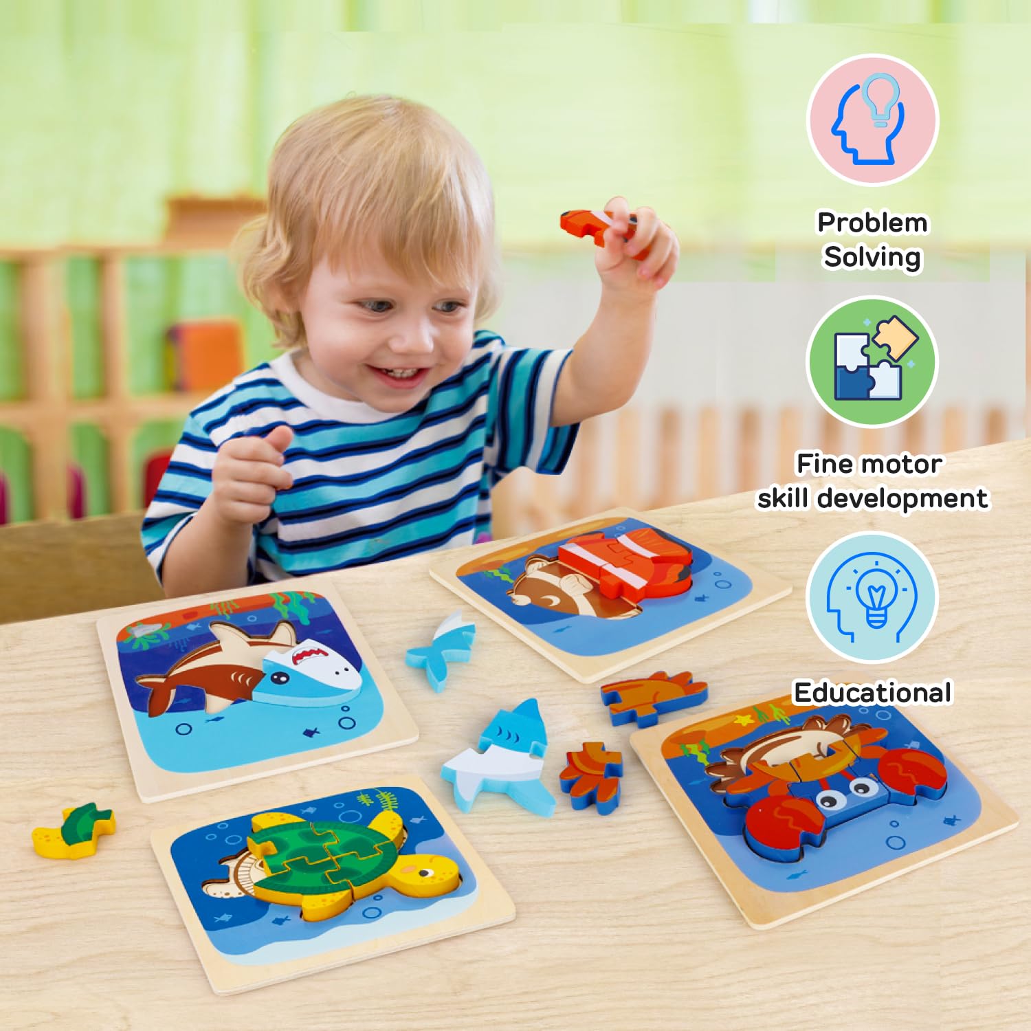 TOY Life 4-Piece Wooden Toddler Puzzles - Ocean Animals Learning Toys for 1 2 3 Year Old Boys & Girls | Montessori STEM Educational Toys for Preschoolers Ages 2-4 | Perfect for Early Childhood Development & Sensory Play