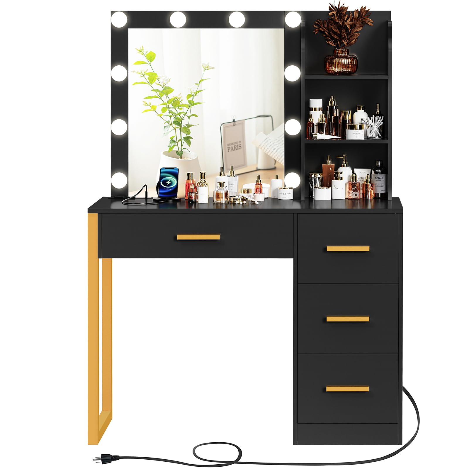 Elegant Makeup Vanity Desk with LED Lights & Mirror, 4 Drawers & USB Charging Station, Dressing Table with Open Storage Shelves & 3 Color Modes - Perfect for Bedroom, Home Salon & Beauty Room (Black)