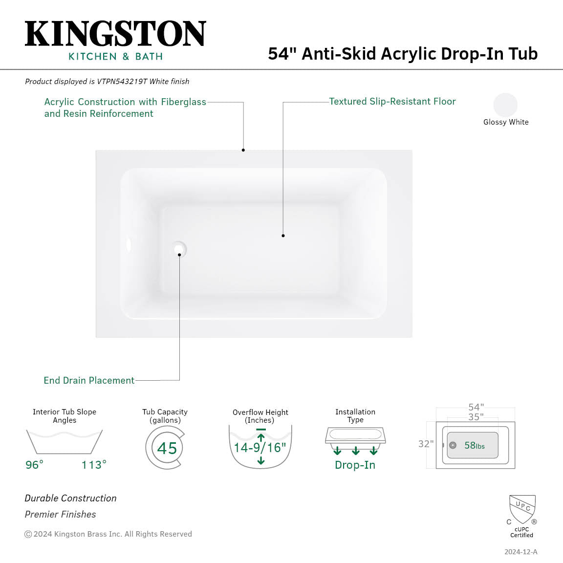 Aqua Eden 54 Inch Acrylic Rectangular Drop-In Bathtub with Anti-Skid Surface - Glossy White - Perfect for Modern Bathroom Renovation & Spa Relaxation