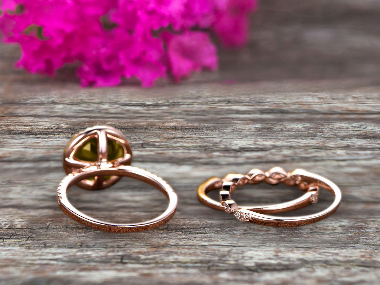 14K Rose Gold 2 Carat Round Cut Champagne Diamond Moissanite Trio Set Engagement Ring with Halo - Stackable Matching Wedding Band Set for Proposal, Anniversary & Bridal Jewelry