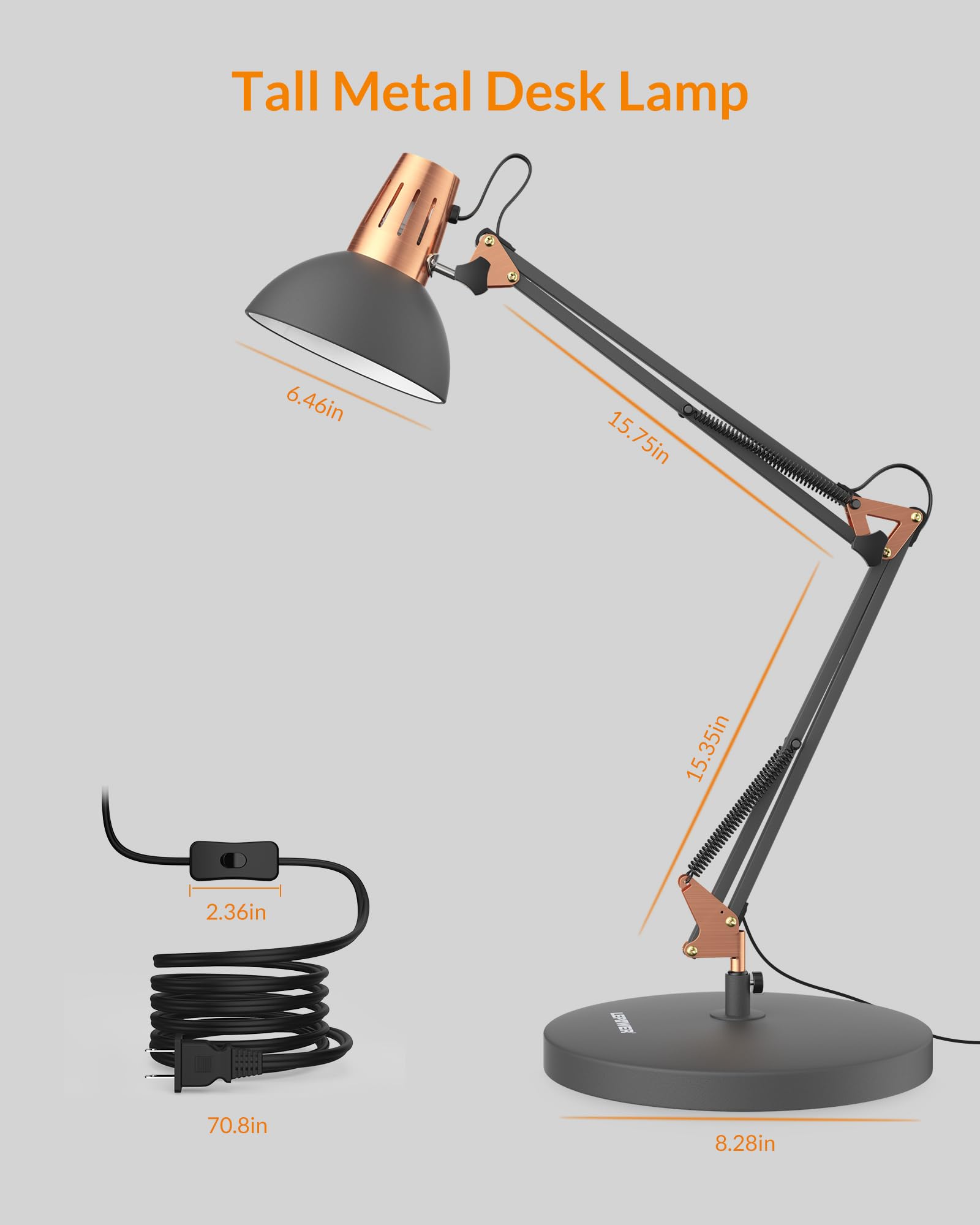 LEPOWER Adjustable Metal Desk Lamp with Clamp - Architect Swing Arm Table Lamp with On/Off Switch, Eye-Caring Reading Light for Bedroom, Study & Office (Sandy Black) | Perfect for Night Reading, Home Office & Dorm Room