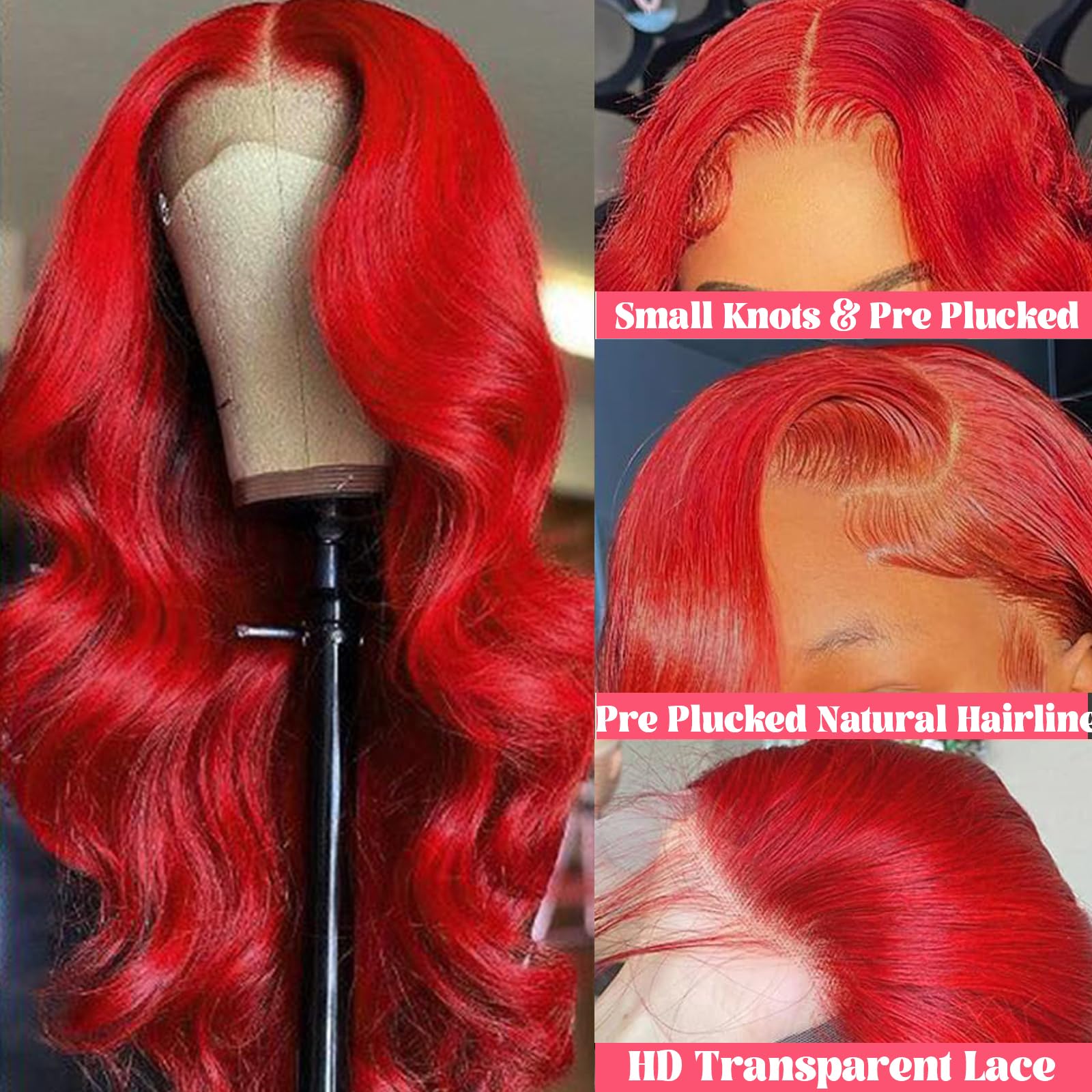 **Hot Red 13x4 HD Transparent Lace Front Wig - 180% Density Human Hair Body Wave Pre-Plucked with Colored Frontal - Perfect for Cosplay, Halloween, and Bold Fashion Looks**