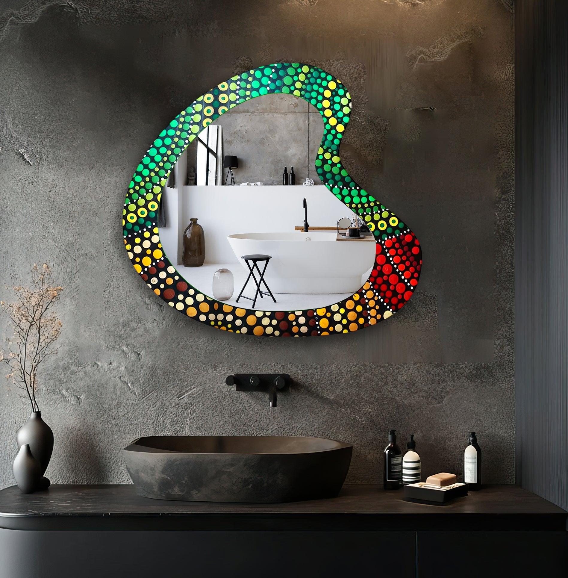 Asymmetrical Green Mosaic Glass Wall Mirror - Handmade Decorative Mirror for Living Room, Bedroom, Bathroom & Entryway - Unique Home Decor Accent Piece