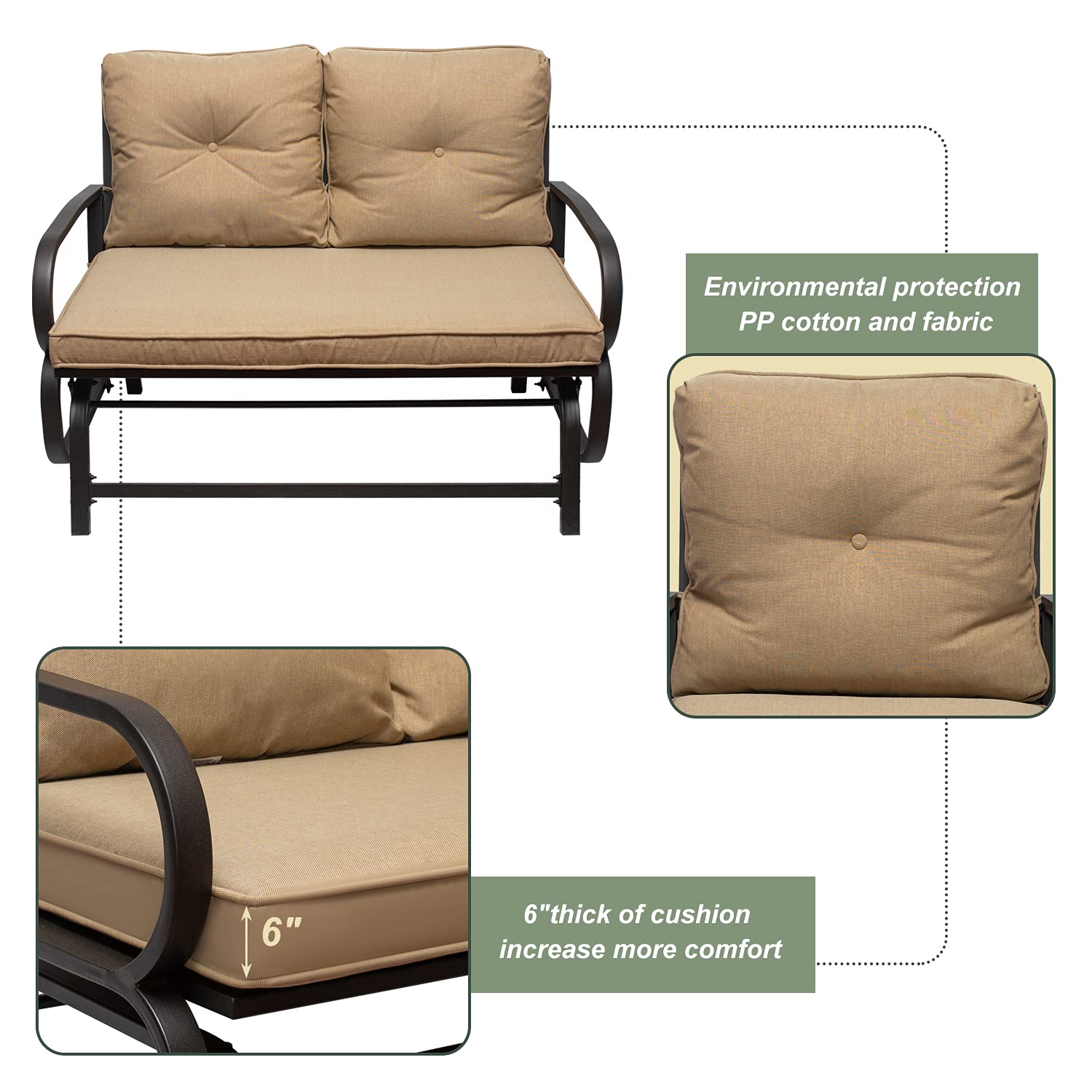 2-Person Outdoor Swing Glider Rocking Chair Set with Cushions - Steel Frame Patio Loveseat Bench for Garden, Porch, Backyard, Poolside & Lawn - Perfect for Relaxing, Sunbathing & Outdoor Entertaining (Khaki)