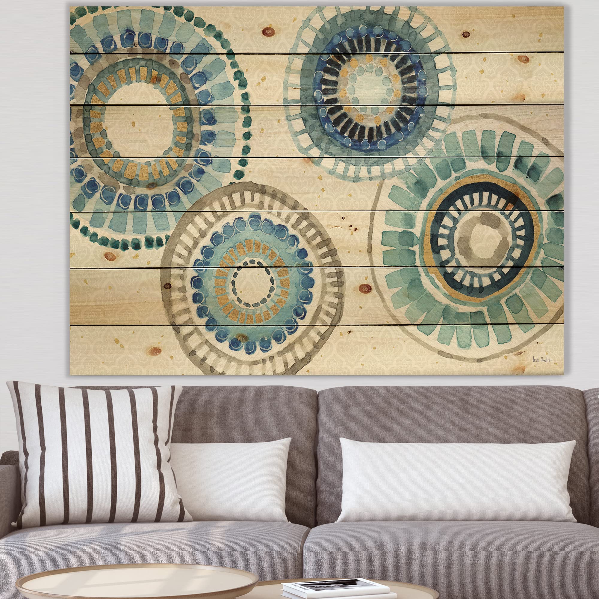 DesignQ Modern Gold Timetable II Mid-Century Wood Wall Art - Large Abstract Blue Wood Panel Decor Printed on Natural Pine - Perfect for Living Room, Bedroom & Office Wall Decor