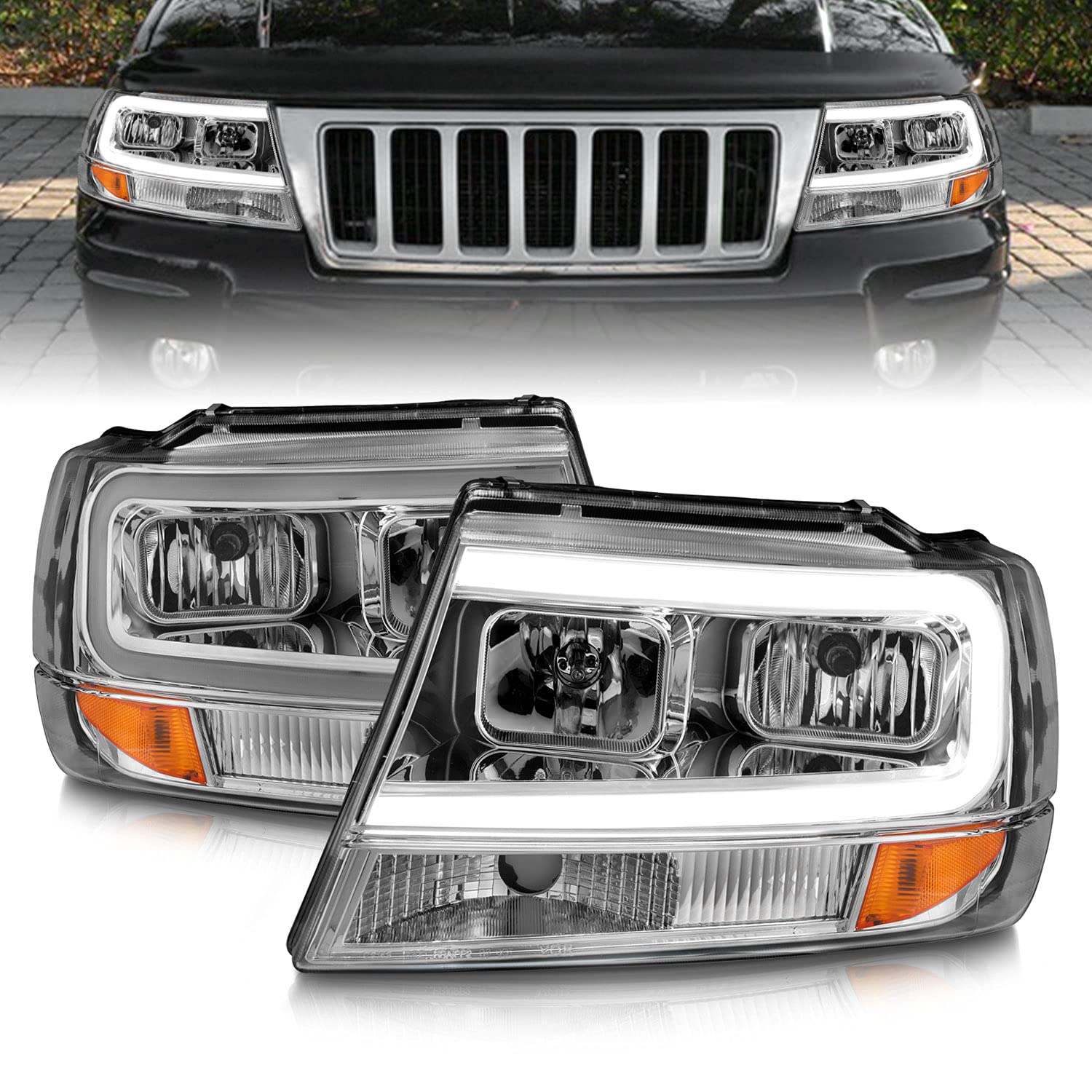1999-2004 Jeep Grand Cherokee LED Headlights - AmeriLite Crystal Chrome Replacement Light Bar Set (Driver & Passenger Side) | Off-Road & Night Driving Upgrade