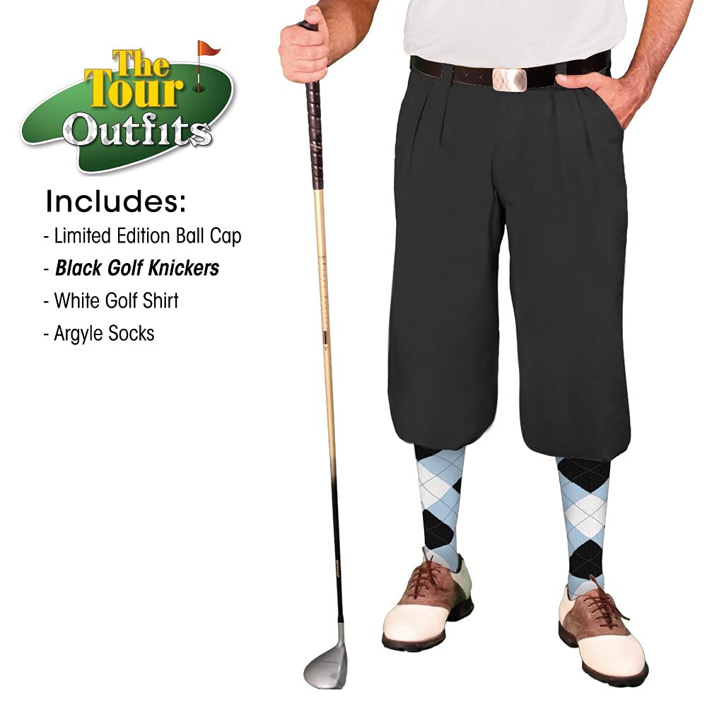 Men's Black Microfiber Outfit Set - Limited Edition Ball Cap, Over-The-Calf Argyle Socks & White Golf Shirt | Perfect for Golfing, Casual Wear & Outdoor Activities