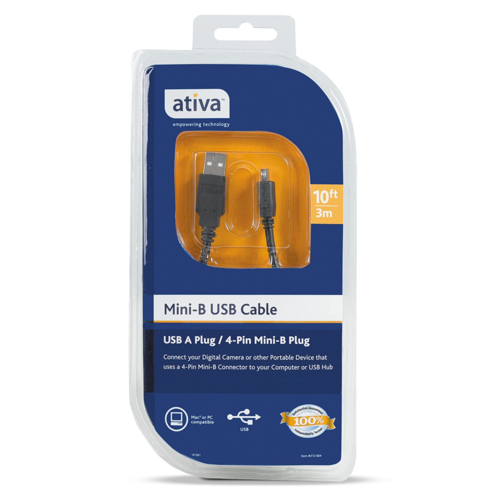 Ativa™ USB A to 4-Pin Mini-B Cable 10 Feet Gray - High-Speed Charging & Data Transfer for Printers, Scanners & Audio Devices