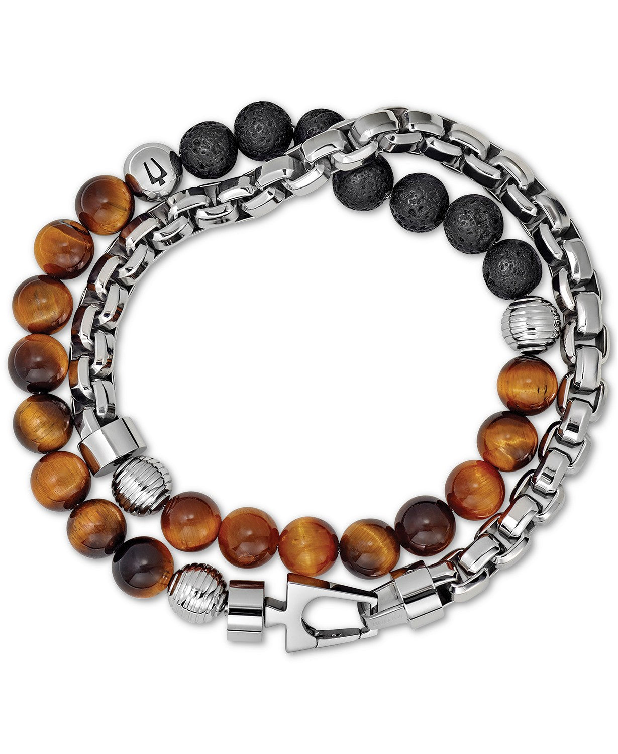 Bulova J96B023M Men's Stainless Steel Bracelet with Tiger's Eye & Black Lava Beads - Stylish Jewelry for Casual Wear, Gifts & Special Occasions