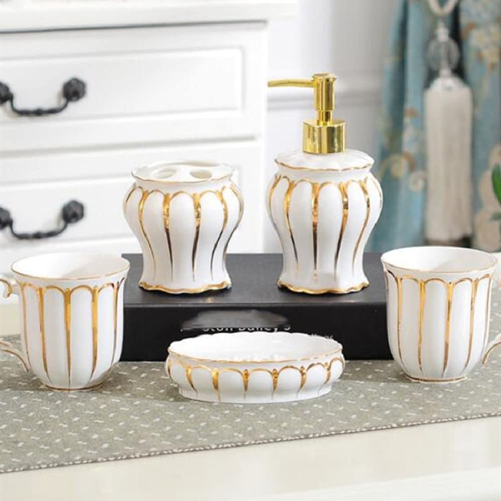 Premium Ceramic Bathroom Accessories Set - 5-Piece Luxury European Style Soap Dish, Toothbrush Holder, Tumbler & Lotion Bottle for Home & Hotel Bathroom Decor - Perfect for Modern, Spa-Inspired Bathrooms