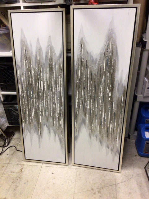 15 5/8 x 47 1/8 Silver White Drizzle Framed Canvas Prints - Set of 2 Modern Abstract Wall Art for Living Room, Bedroom & Office Decor