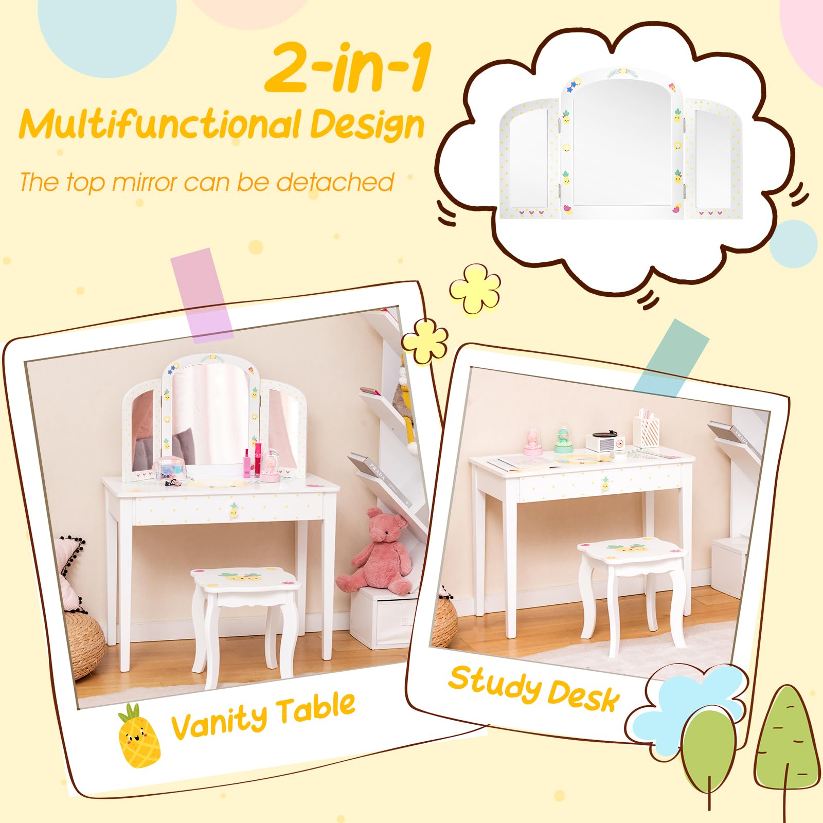 Costzon Kids Vanity Table with Tri-Folding Mirror & Drawer - Princess Makeup Dressing Set for Girls, 2-in-1 Detachable Top Pretend Play Beauty Station (Fruit Pattern) - Perfect for Bedroom Decor & Role Play Gifts