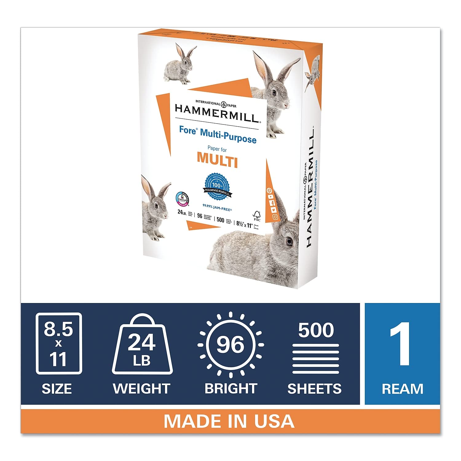 Hammermill Printer Paper, 24 lb Multipurpose Copy Paper, 8.5 x 11 Letter Size, 1 Ream (500 Sheets), 96 Brightness, Made in USA - Ideal for Home Office, School Projects & Everyday Printing