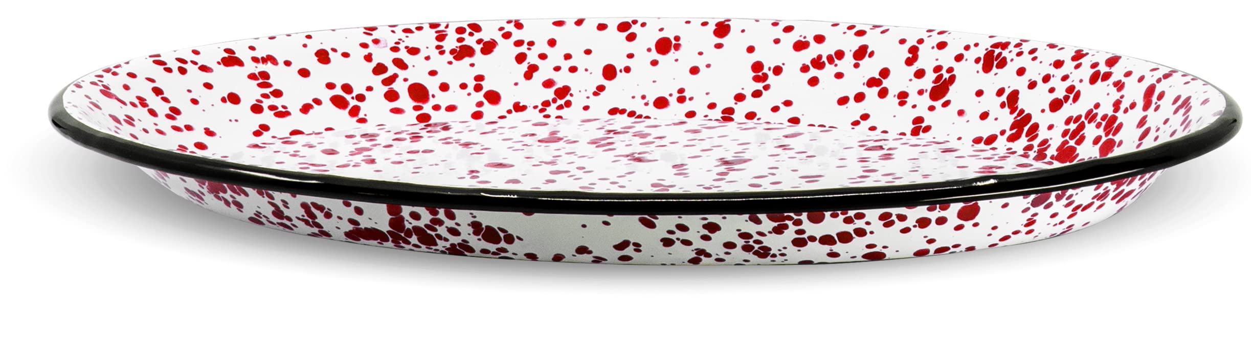 Red Co. Enamelware 13-Inch Oval Serving Tray - Classic Red Marble & Black Rim Splatter Design | Durable Metal Platter for Entertaining, Buffets & Home Decor