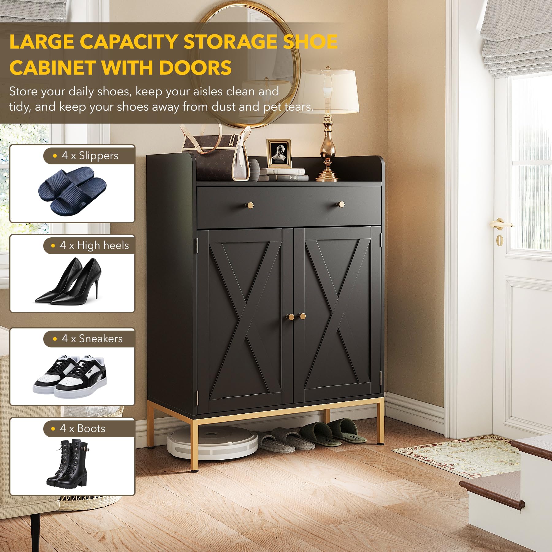Maupvit 20-Pair Shoe Storage Cabinet with Doors & Drawers - Adjustable Shelves, Metal Legs - 43