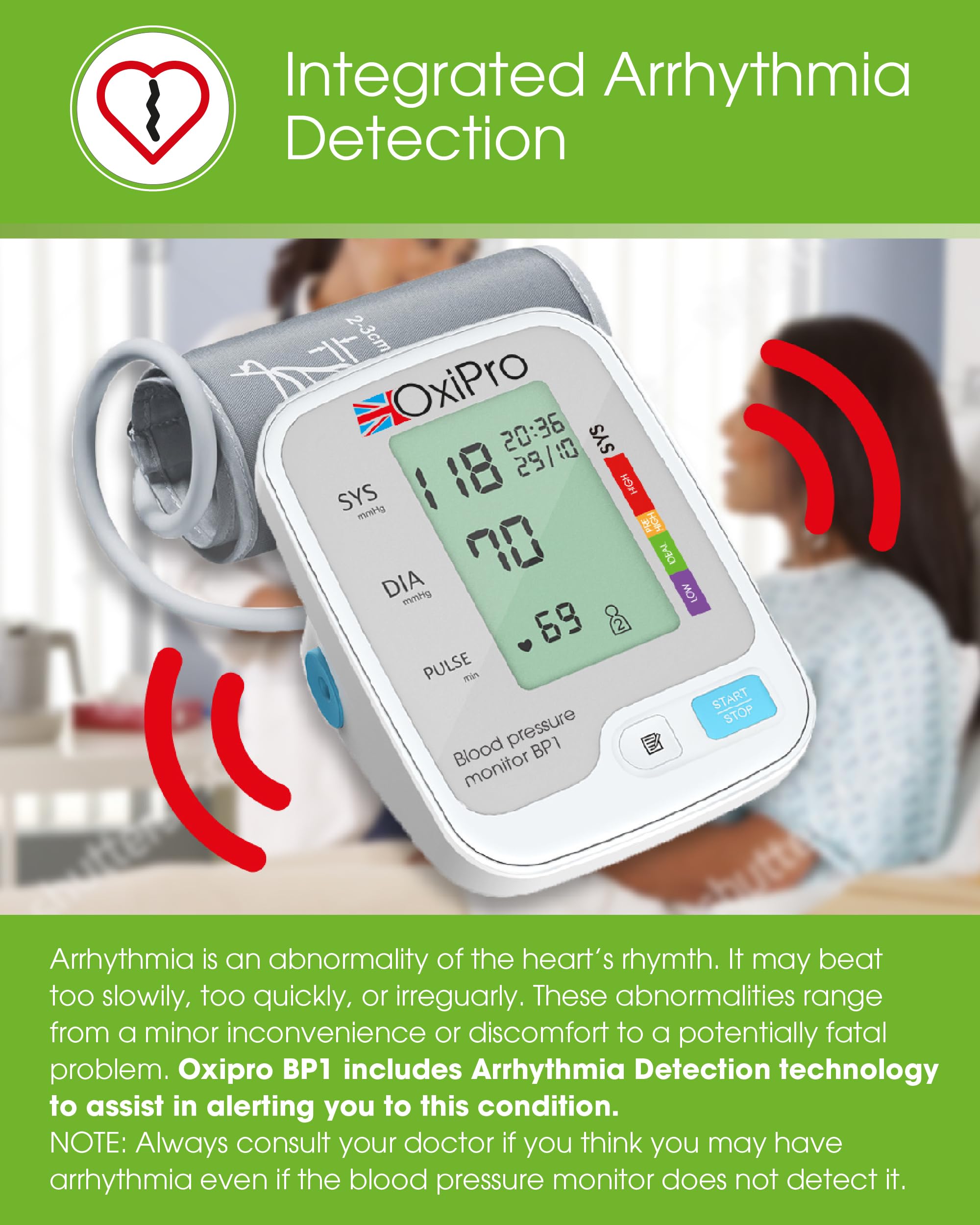 OxiPro BP1 Blood Pressure Monitor - CE Certified for Home Use