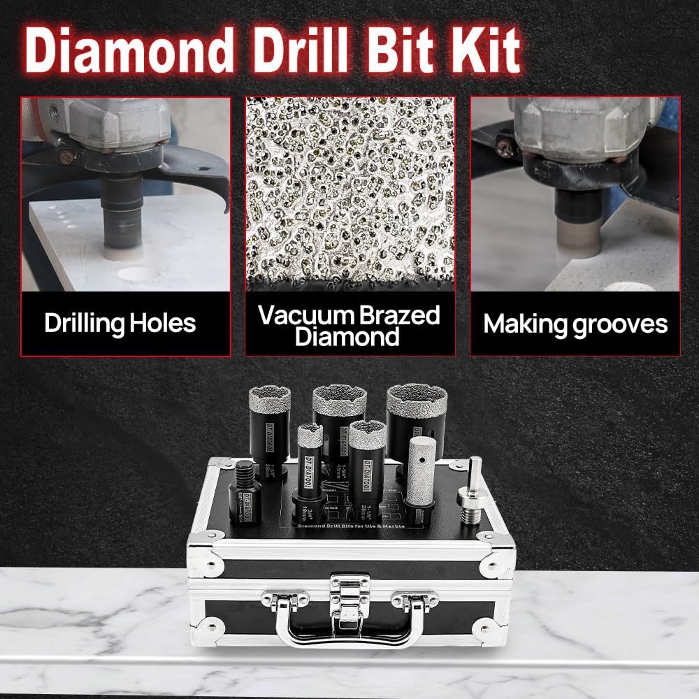 DT-DIATOOL Diamond Core Drill Bit Set - 19/28/35/45/51mm Tile Hole Saw Kit with 20mm Diamond Finger Bit & 2 Adapters for Porcelain, Ceramic, Marble, Granite - Perfect for Bathroom Renovation, Kitchen Backsplash & Tile Installation Projects
