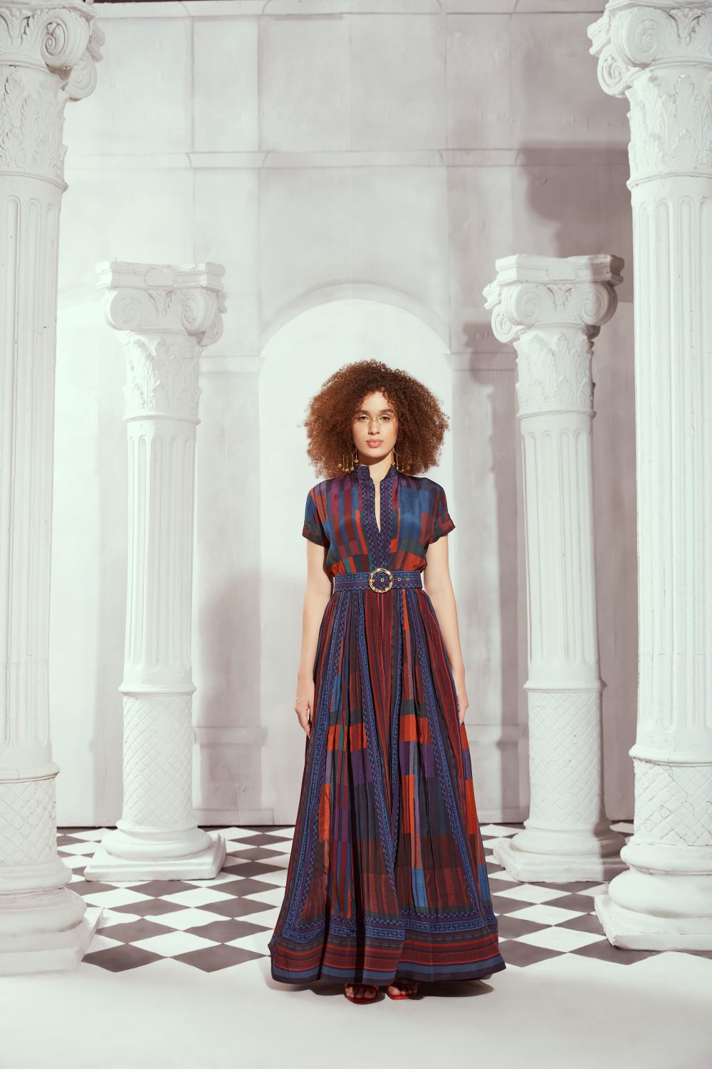 Stylish Tangerine Tile Print Long Dress with Adjustable Belt - Perfect for Summer Parties, Beach Vacations & Casual Outings