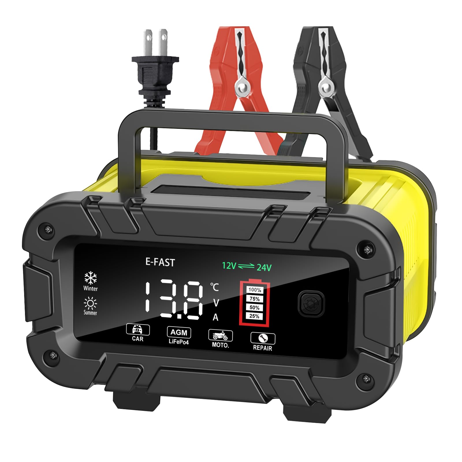 E-FAST 20A Smart Battery Charger for 12V/24V LiFePO4 & Lead Acid - Automatic Car Battery Charger & Maintainer - Portable Trickle Charger for Automotive, Truck, Motorcycle, Lawn Mower, Boat - Perfect for Winter Storage & Long-Term Vehicle Maintenance