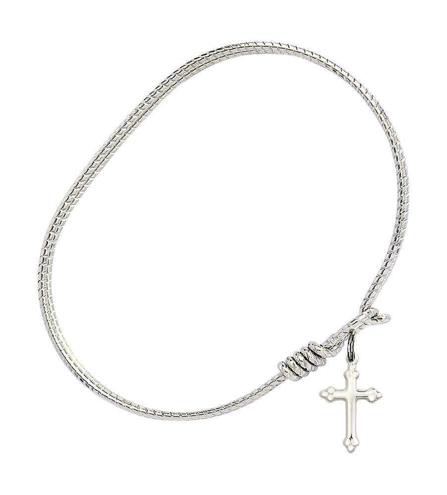 Sterling Silver Oval Eye Hook Bangle Bracelet with Cross Charm - Perfect for Everyday Wear, Gifts & Religious Occasions