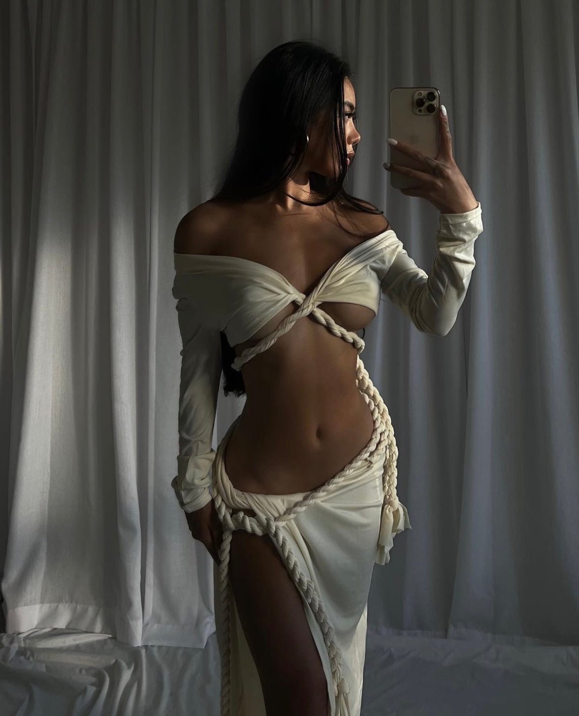Women's Cream Long Sleeve Wrap Top & Twist Rope Skirt Two Piece Set - Elegant Outfit for Date Night, Party or Special Occasions