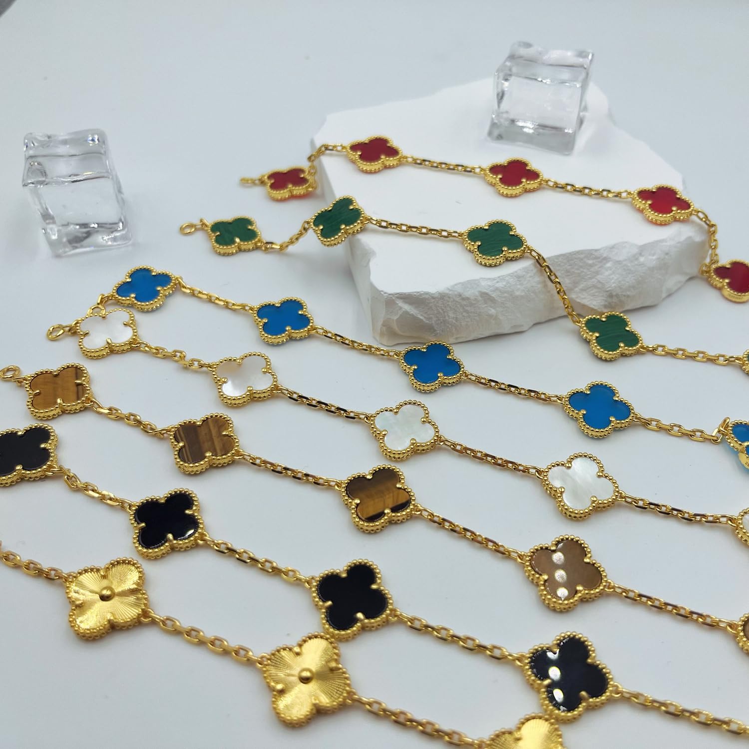 18K Gold Plated Four Leaf Clover Lucky Bracelet for Women - Trendy White/Black/Red/Green/Blue/Brown/Gold Jewelry Gift for Her, Girlfriend & Lover - Perfect for Everyday Wear, Special Occasions & Good Luck Charm
