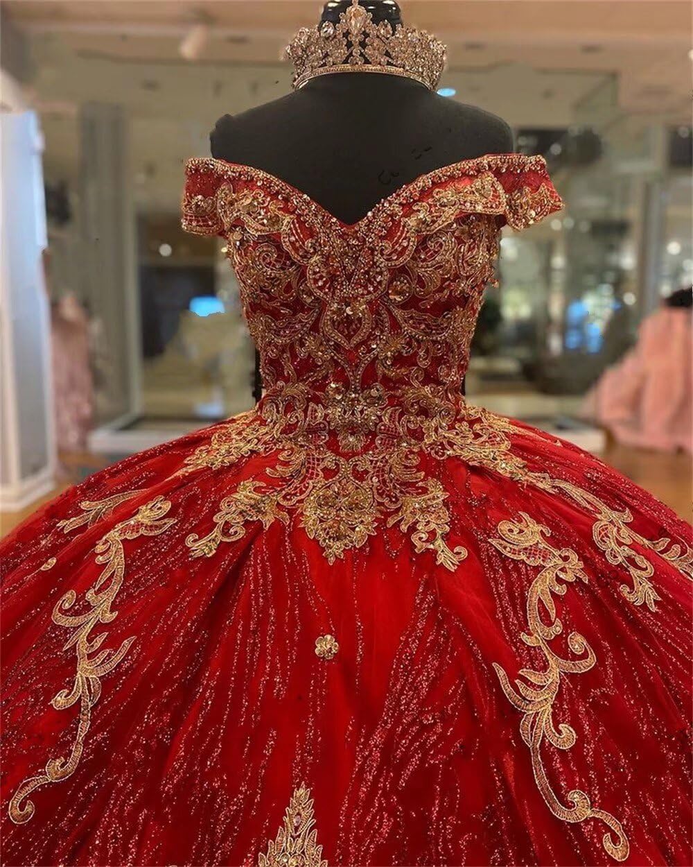 Gold Beaded Glitter Tulle Quinceanera Dress for Women - Off Shoulder Prom Gown for Sweet 16 & Special Occasions | Perfect for Quinceañeras, Prom Nights & Formal Events 2025